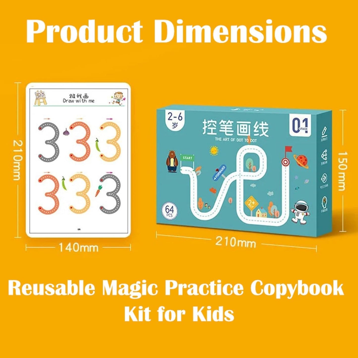 Magical Tracing Workbook Set 64 pages – Reusable Writing Practice Book for Kids (Alphabets & Numbers)