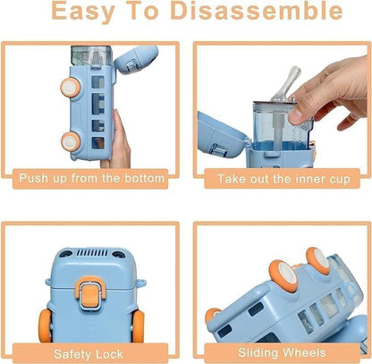 Premium Bus-Shaped Water Bottle for Kids – 500ML | Leakproof with Strap & Wheels (Blue)