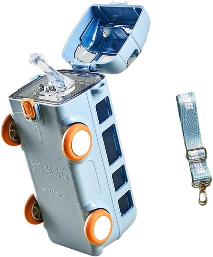 Premium Bus-Shaped Water Bottle for Kids – 500ML | Leakproof with Strap & Wheels (Blue)