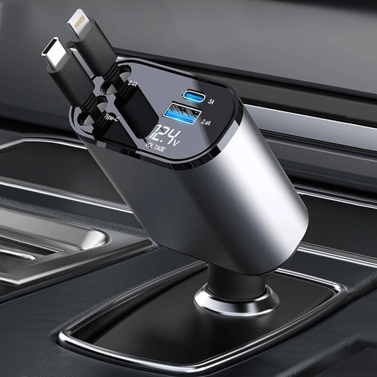 4-in-1 Retractable Car Charger with Voltage Display & Adjustable Head