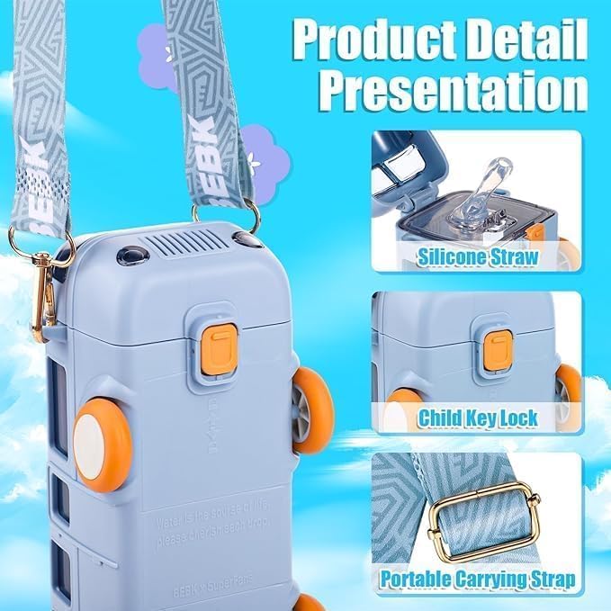 Premium Bus-Shaped Water Bottle for Kids – 500ML | Leakproof with Strap & Wheels (Blue)