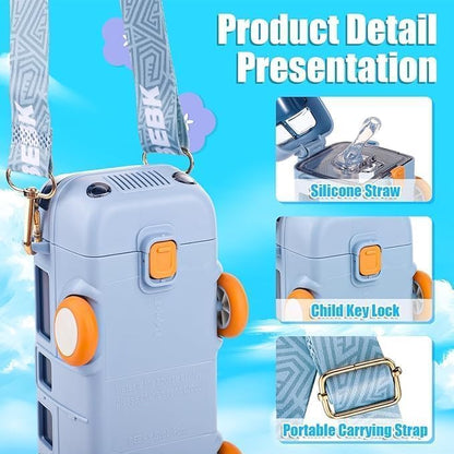 Premium Bus-Shaped Water Bottle for Kids – 500ML | Leakproof with Strap & Wheels (Blue)