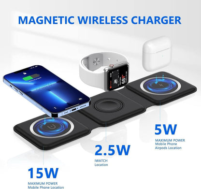 3-in-1 Magnetic Foldable Wireless Charging Station | Fast Charging Stand for Apple iPhone, AirPods, Apple Watch