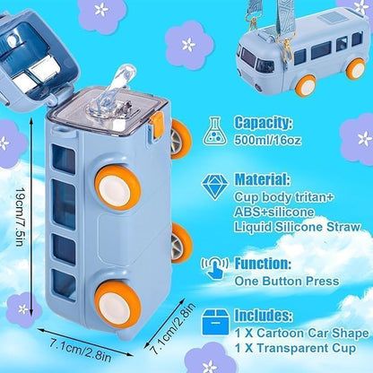 Premium Bus-Shaped Water Bottle for Kids – 500ML | Leakproof with Strap & Wheels (Blue)