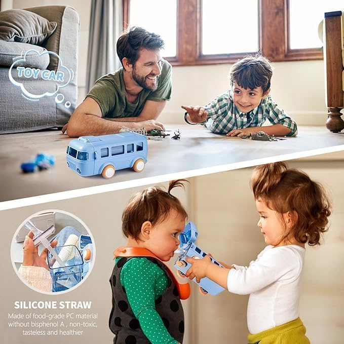 Premium Bus-Shaped Water Bottle for Kids – 500ML | Leakproof with Strap & Wheels (Blue)