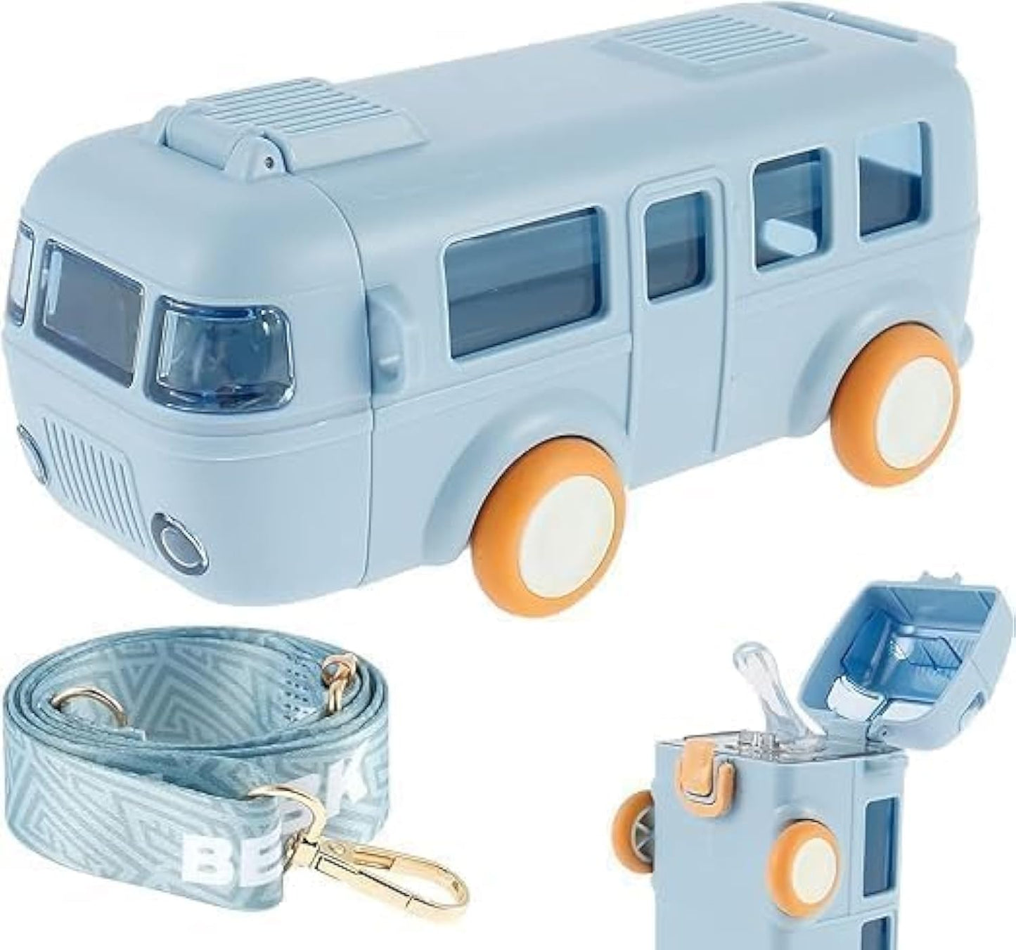 Premium Bus-Shaped Water Bottle for Kids – 500ML | Leakproof with Strap & Wheels (Blue)