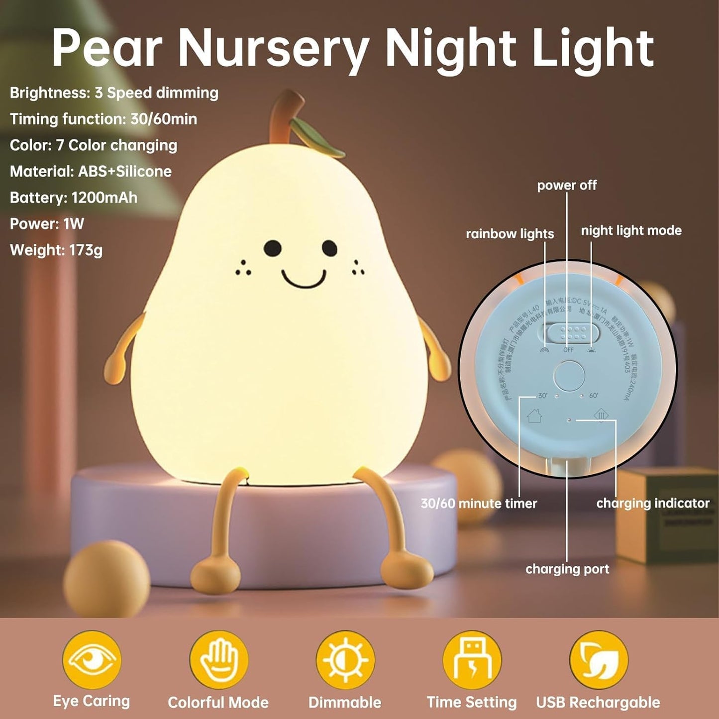 Rechargeable Pear Lamp | Dimmable LED Night Light with Touch Control | Decorative Ambient Lighting for Home & Bedside