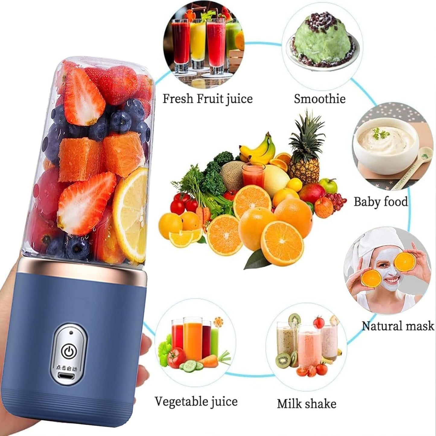 Portable Electric Blender – USB Rechargeable Mini Smoothie Maker (6 Blades, 3 Speeds, 1800mAh Battery, 400ml Capacity)