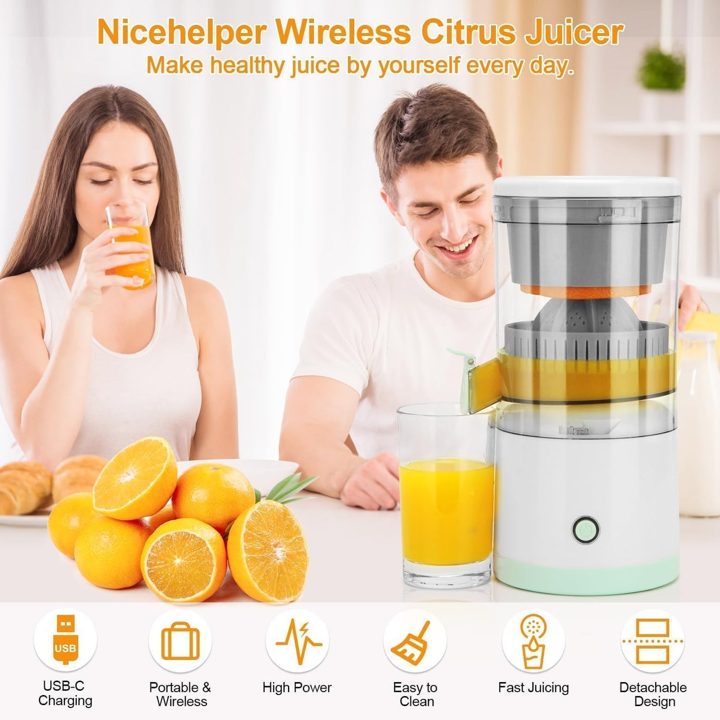 Electric Citrus Juicer Machine | Automatic Wireless Orange & Lemon Squeezer with Large Pulp-Free Pitcher