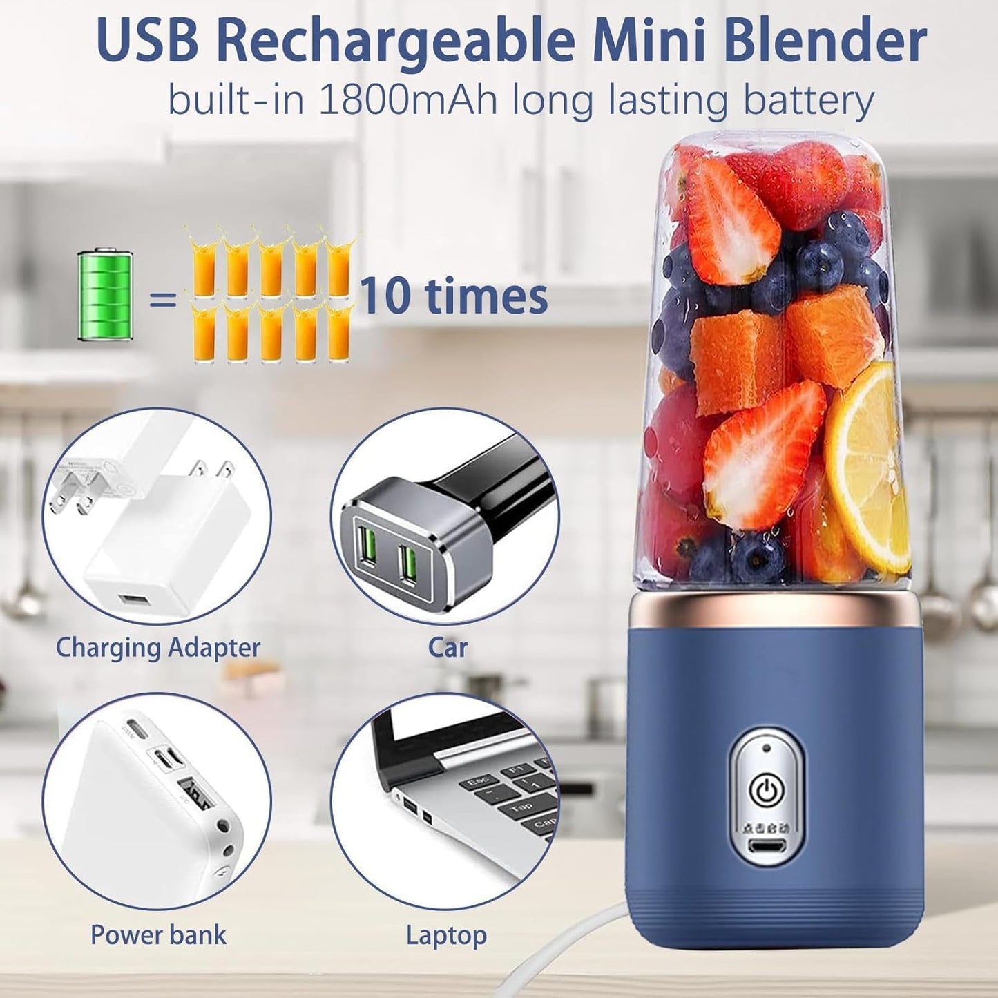 Portable Electric Blender – USB Rechargeable Mini Smoothie Maker (6 Blades, 3 Speeds, 1800mAh Battery, 400ml Capacity)