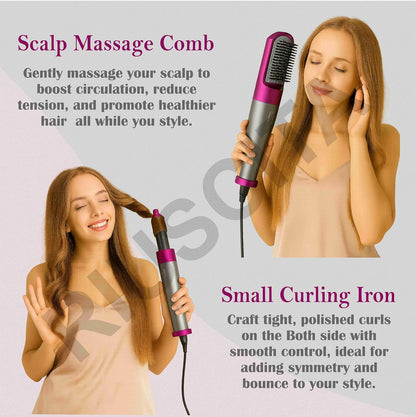 5-in-1 Hot Air Brush Hair Dryer & Volumizer – 1000W Multifunction Styling Tool with Detachable Attachments, Negative Ion Technology & 3 Heat Settings