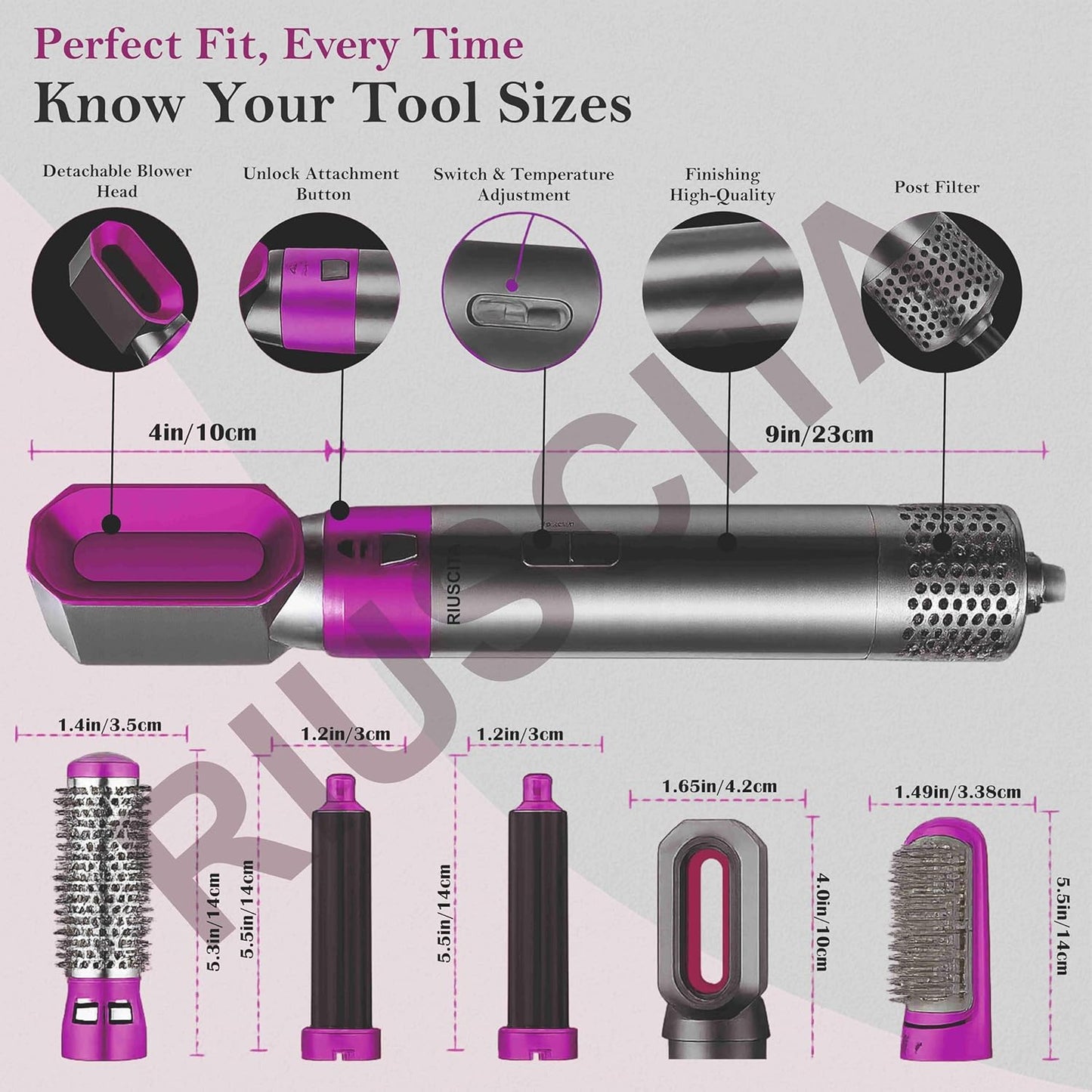 5-in-1 Hot Air Brush Hair Dryer & Volumizer – 1000W Multifunction Styling Tool with Detachable Attachments, Negative Ion Technology & 3 Heat Settings