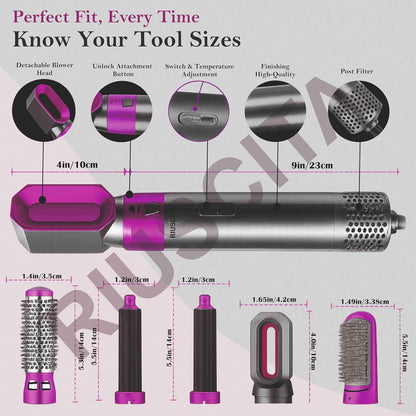 5-in-1 Hot Air Brush Hair Dryer & Volumizer – 1000W Multifunction Styling Tool with Detachable Attachments, Negative Ion Technology & 3 Heat Settings